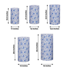 Set of 5 White Blue Spandex Cylinder Pedestal Stand Covers in French Toile Floral Pattern, Stretchable Pillar Prop Covers - 160 GSM