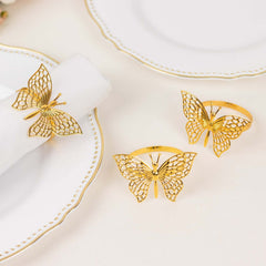 4 Pack Gold Metal Butterfly Napkin Rings, Decorative Laser Cut Cloth Napkin Holders