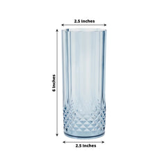 6-Pack Plastic Cocktail Tumblers Dusty Blue Transparent Crystal Cut Style - Shatterproof Highball Glasses 14oz