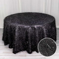 Polyester 120" Round Black Tablecloth Metallic Fringe Shag Tinsel Table Cover