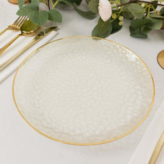10-Pack Plastic 9" Round Dinner Plates in Clear Gold Glittered Hammered Design with Gold Rim - Modern Disposable Party Plates