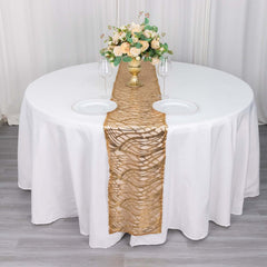 Sequin Mesh 12"x108" Table Runner Gold Wave Embroidered Design for Stylish Occasions