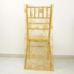 Organza Chiavari Chair Slipcover with Floral Sequin Embroidery Gold - Lace Chair Back Cover