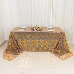 Mesh 90"x156" Rectangle Tablecloth Rose Gold/Gold - Wave Sequin Embroidered Table Cover