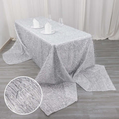 Polyester 90"x156" Rectangle Tablecloth Silver Metallic Fringe Shag Tinsel Table Cover