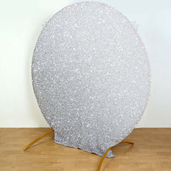 7.5ft Silver Metallic Shimmer Tinsel Spandex Round Wedding Arch Cover, 2-Sided Photo Backdrop