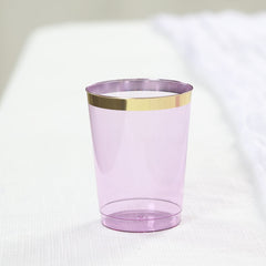 25-Pack Plastic Tumbler Cups Transparent Purple with Gold Rim - Stylish Disposable Party Glasses 10oz