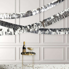 16ft Metallic Silver Foil Tassel Fringe Backdrop Banner, Tinsel Garland Decor