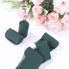 2 Pack 6yds Hunter Emerald Green Silk-Like Chiffon Ribbon Roll, DIY Wedding Bouquet Linen Wrap