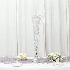 2-Pack Crystal Beaded Trumpet Vase Set Silver - Table Centerpiece for Grand Occasions 40"