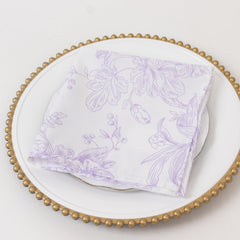 5-Pack French Toile Polyester Cloth Napkins – 17"x17" Lavender Lilac and White Reusable Table Napkins in Floral Design for Events & Dining