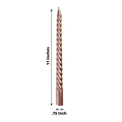 12-Pack Taper Candles Spiral Long Burn Wick Design Matte Rose Gold - Premium Unscented Wax Dinner Candle Sticks 11"