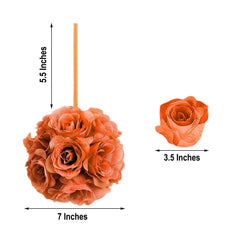 2 Pack 7" Terracotta (Rust) Artificial Silk Rose Kissing Ball, Faux Flower Ball