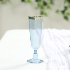12-Pack Plastic Champagne Flutes Transparent Dusty Blue with Gold Rim - Stylish Disposable Cocktail Glasses for Parties 5oz 6"