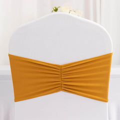 5 Pack Spandex Chair Sashes Gold Ruffled Style - Wide Easy to Use Stretch Chair Bands for Classy Wedding and Event Decor 8"x13"