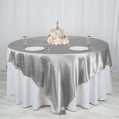 Satin 90"x90" Table Overlay Square Tablecloth Silver - Smooth Finish Table Topper