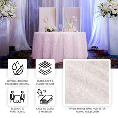 Polyester 120" Round Tablecloth White with Shaggy Fringe Design - Exquisite Table Cover