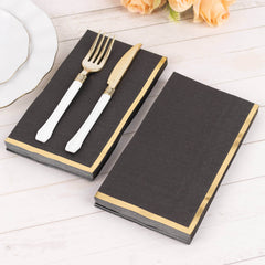 50-Pack Paper Dinner Napkins Black with Gold Foil Edge 2 Ply - Stylish Disposable Napkins for Parties