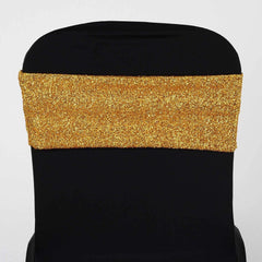5 Pack Metallic Shimmer Tinsel Spandex Chair Sashes Gold - Durable and Reusable Stretch Chair Bands for Dazzling Event & Party Decor