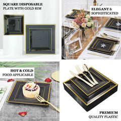 10-Pack Plastic Salad Dessert Plates Black Square with Gold Trim - Durable Disposable Appetizer Plates 7"