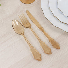 72 Pcs Plastic Silverware Set in Baroque Style Amber Gold - Heavy Duty Disposable Knife, Fork, and Spoon Set