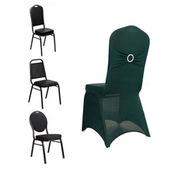 Spandex Chair Cover with Silver Rhinestone Buckled Sash Band Hunter Emerald Green - Stretch Fitted Slipcover