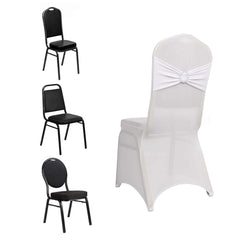 Spandex Chair Cover with Silver Rhinestone Buckled Sash Band White - Stylish Stretch Fitted Slipcover for Banquets & Events