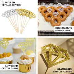 24-Pack Cupcake Toppers Diamond Ring Design Glitter Silver - Party Cake Picks Engagement Decoration Supplies