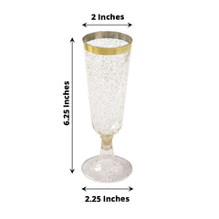12-Pack Plastic Champagne Flutes Clear Gold Glittered with Gold Rim - Stylish Disposable Cocktail Glasses for Parties 6oz 6"