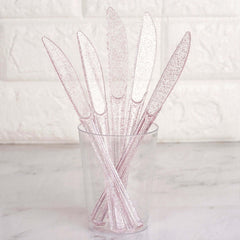 25-Pack Plastic Knives Transparent Blush Glitter Classic Heavy Duty - Decorative Disposable Cutlery 7"
