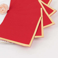 50-Pack Paper Beverage Napkins Red with Gold Foil Edge - 2 Ply Disposable Soft 18GSM Cocktail Napkins 5"x5"