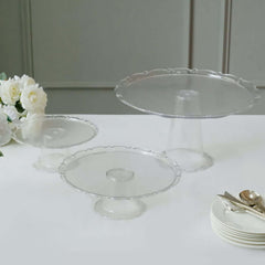 Set of 3 Plastic Round Pedestal Cake Stands Clear for Tea Parties Dessert Buffets & Banquets 9", 11", 15"