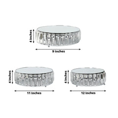 Set of 3 Silver Metal Crystal Pendant Cake Stands with Mirror Top, Stackable Round Dessert Display Trays - 9",11",12"