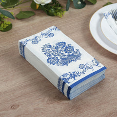 50 Pack 2-Ply Paper Party Napkins in White Royal Blue Damask Floral Pattern, Disposable Dinner Napkins - Highly Absorbent & Soft