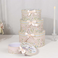 Set of 4 Cardstock Round Nesting Gift Boxes Blush Floral Design - Decorative Heavy Duty Stackable Keepsake Boxes With Lids for Presents Storage & Pedestal Stand 5",7",8",9"