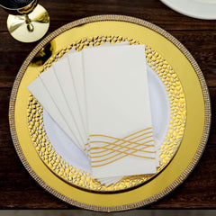 25 Pack Linen-Like Paper 8"x4" Napkins White with Metallic Gold Foil Wave Design - Soft & Absorbent Airlaid Hand Towels for Exquisite Weddings & Events