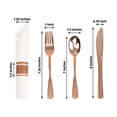 Set of 24 Rose Gold Plastic Silverware with Pre-Rolled White Paper Napkins - Disposable Wrapped Fork, Spoon, and Knife Set