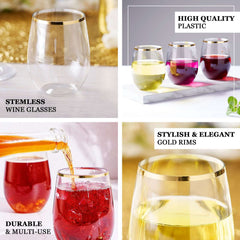 12-Pack Plastic Wine Tumblers Transparent Dusty Blue with Gold Rim - Reusable Drinkware 12oz