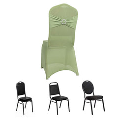 Spandex Chair Cover with Silver Rhinestone Buckled Sash Band Sage Green - Stretch Fitted Slipcover