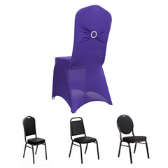Spandex Chair Cover with Silver Rhinestone Buckled Sash Band Purple - Stretch Fitted Slipcover