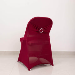 Stretch Spandex Chair Cover Burgundy for Folding Chairs - Secure Fit Slipcover with Silver Rhinestone Buckled Sash Band
