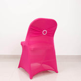 Stretch Spandex Chair Cover Fuchsia for Folding Chairs - Secure Fit Slipcover with Silver Rhinestone Buckled Sash Band