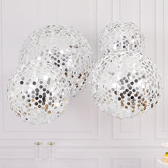 Set of 4 Glitter Silver Payette Sequin Hanging Lanterns, Large Decorative Round Foldable Fabric Chinese Lantern Lampshades - 12",14",16",20"