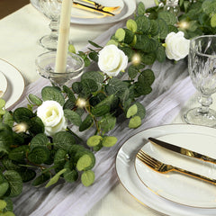 6ft Lighted Eucalyptus Garland with Ivory Roses & Battery-Operated Fairy Lights – Faux Greenery Vine