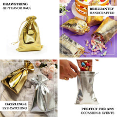 10 Pack Metallic Silver Lame Polyester 5"x7" Party Favor Gift Bags, Shiny Fabric Drawstring Candy Pouch