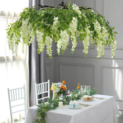55" Cream Artificial Silk Hanging Wisteria Vine Flower Chandelier, Round Draping Garland Canopy With Interchangeable Branches
