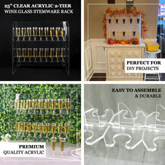 2-Tier Acrylic Champagne Glass Holder Display Stand Table Top Clear with 18 Hooks for Events & DIY Bars 25"