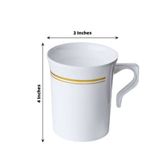 8-Pack Plastic Coffee Mugs White with Gold Stripes - Sturdy Disposable Cups for Coffee and Tea 8oz 4"