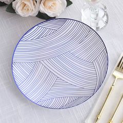 10-Pack Plastic 10" Round Dinner Plates in White with Blue Wave Brush Strokes Pattern - Disposable Party Plates