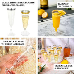 12-Pack Plastic Champagne Flutes Transparent Blush with Gold Rim - Stylish Disposable Cocktail Glasses for Parties 5oz 6"